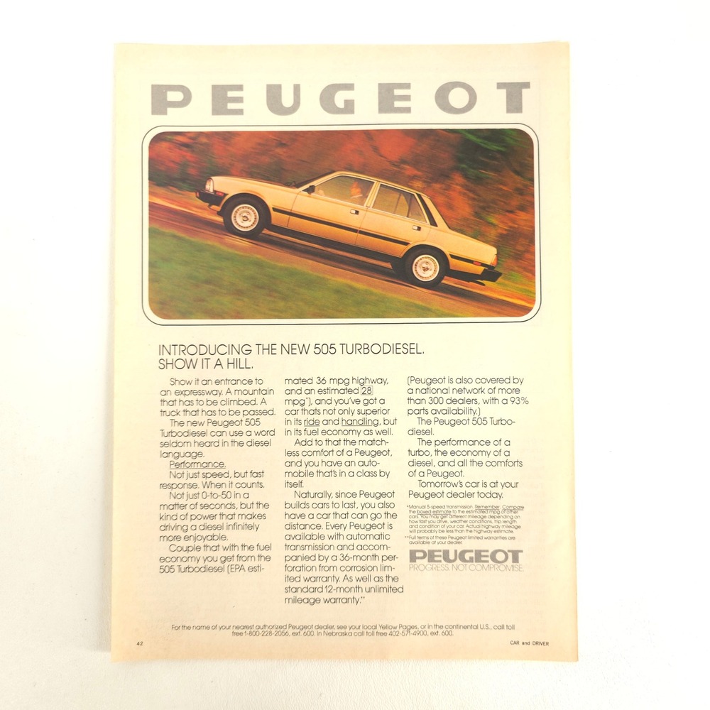 1981 Peugeot 505 Turbodiesel Print Ad Vintage European Car Garage Wall Art Decor